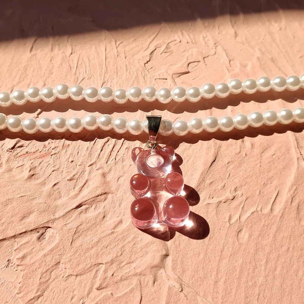 Creative New Transparent Candy Bear Pendant Beaded Necklace for Women Multilayer Imitation Pearls Beads Choker Necklaces Jewelry
