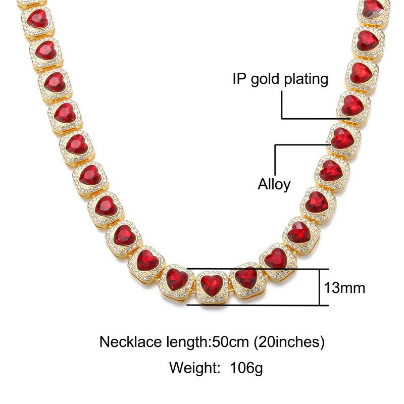 Hip Hop 13mm Iced Out Red Heart Love Rhinestone Tennis Chain Necklace Bracelet for Men Women Jewelry