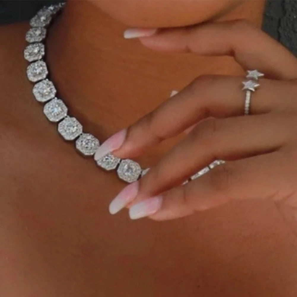 Women Bling Bling Pink Square Crystal Link Chain Necklace Hip Hop Gold Silver Color 13mm Luxury Cuban Choker Necklace Jewelry