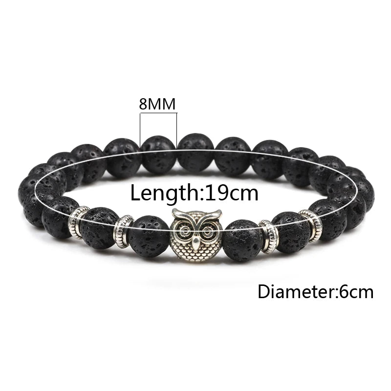 Black Lava Tiger Eye Weathered Stone Bracelets Bangles Classic Owl Beaded Natural Charm Bracelet for Women and Men Yoga Jewelry