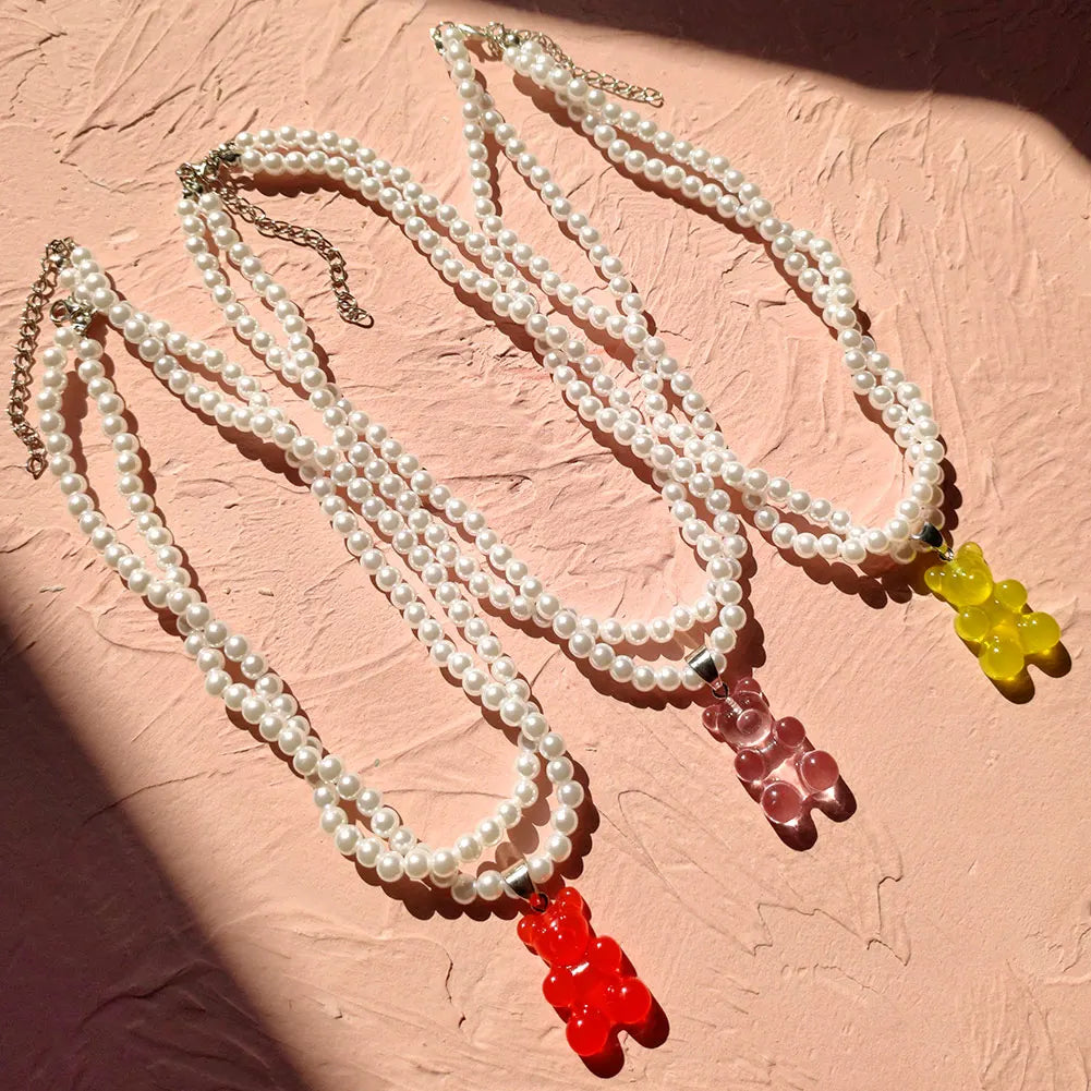 Creative New Transparent Candy Bear Pendant Beaded Necklace for Women Multilayer Imitation Pearls Beads Choker Necklaces Jewelry
