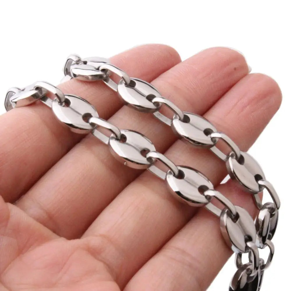 7"-40" 7mm 9mm 11mm High Polishing Silver Color Coffee Beans Link Chain Womens Mens Stainless Steel Necklace Or Bracelet Jewelry