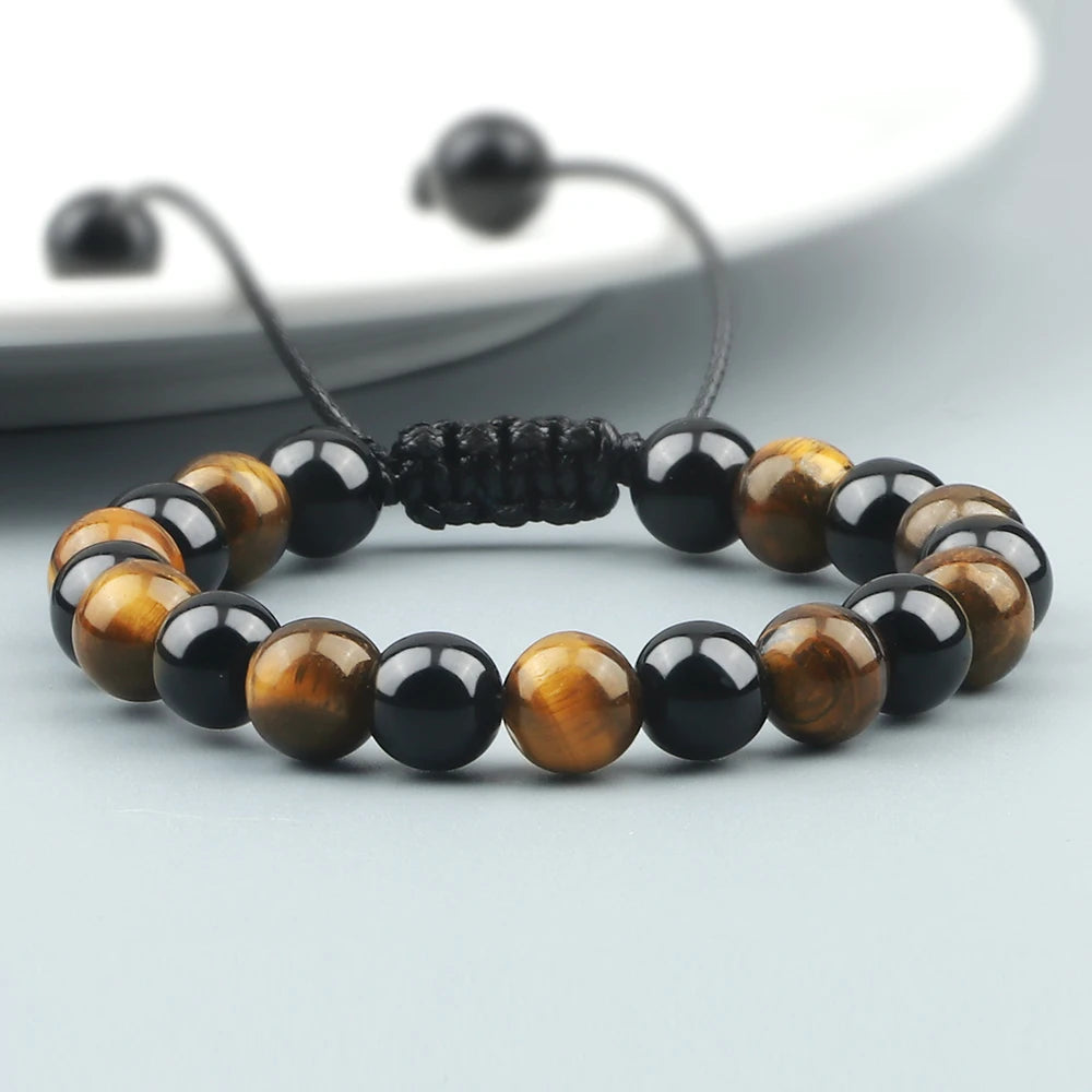 Hot 2pcs/set Men Beaded Bracelets Tiger Eye Lava Natural Stone Onyx Beaded Couple Distance Bracelets For Women Jewelry Pulseras