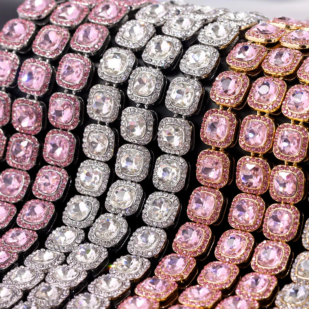 Women Bling Bling Pink Square Crystal Link Chain Necklace Hip Hop Gold Silver Color 13mm Luxury Cuban Choker Necklace Jewelry
