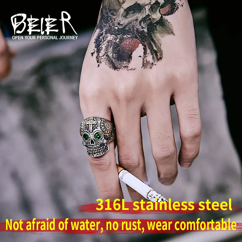 Beier 316L Stainless Steel gem ring Cross skull biker men Ring hot sale Man's fashion jewelry LLBR8-327R