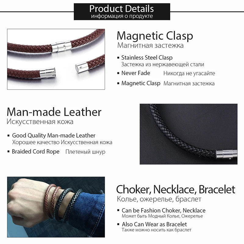 Man-made Leather Necklace Choker Black Brown Braided Rope Chain for Men Boy Male Jewelry Gifts collier homme Magnetic UNM27