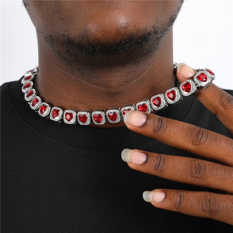 Hip Hop 13mm Iced Out Red Heart Love Rhinestone Tennis Chain Necklace Bracelet for Men Women Jewelry