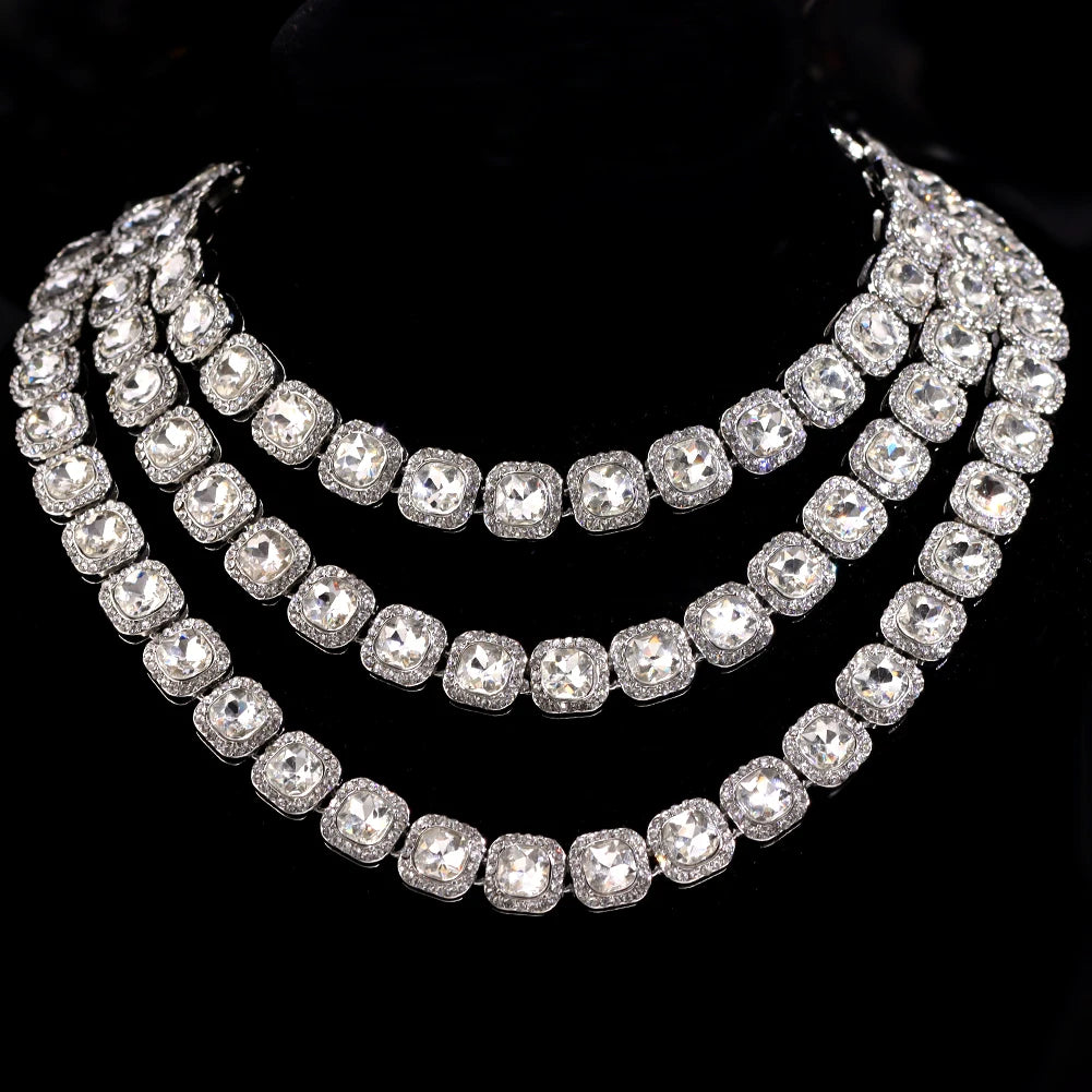 Women Bling Bling Pink Square Crystal Link Chain Necklace Hip Hop Gold Silver Color 13mm Luxury Cuban Choker Necklace Jewelry