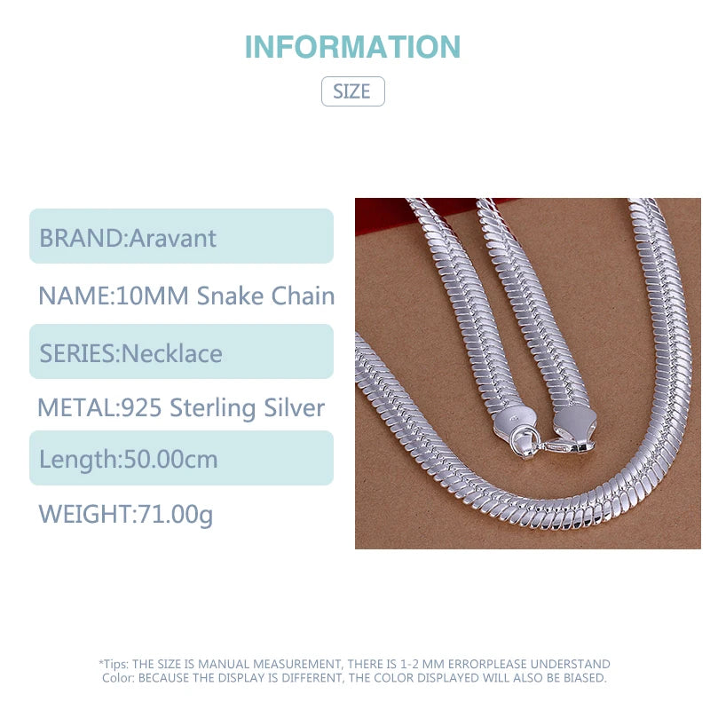 Aravant 925 Silver 10MM 20inch Flat Snake Chain Necklace For Men Women Fashion Jewelry