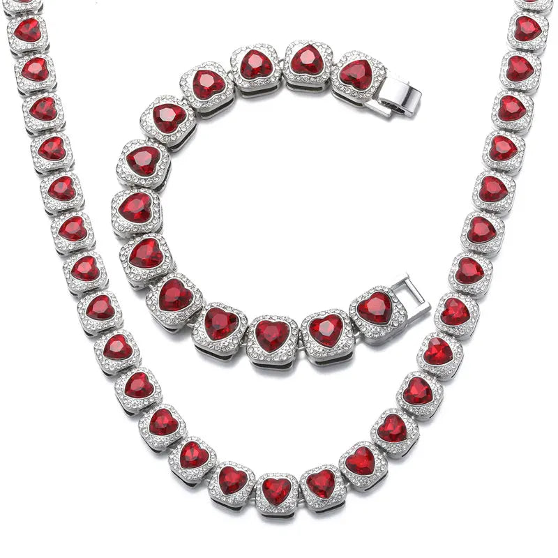 Hip Hop 13mm Iced Out Red Heart Love Rhinestone Tennis Chain Necklace Bracelet for Men Women Jewelry