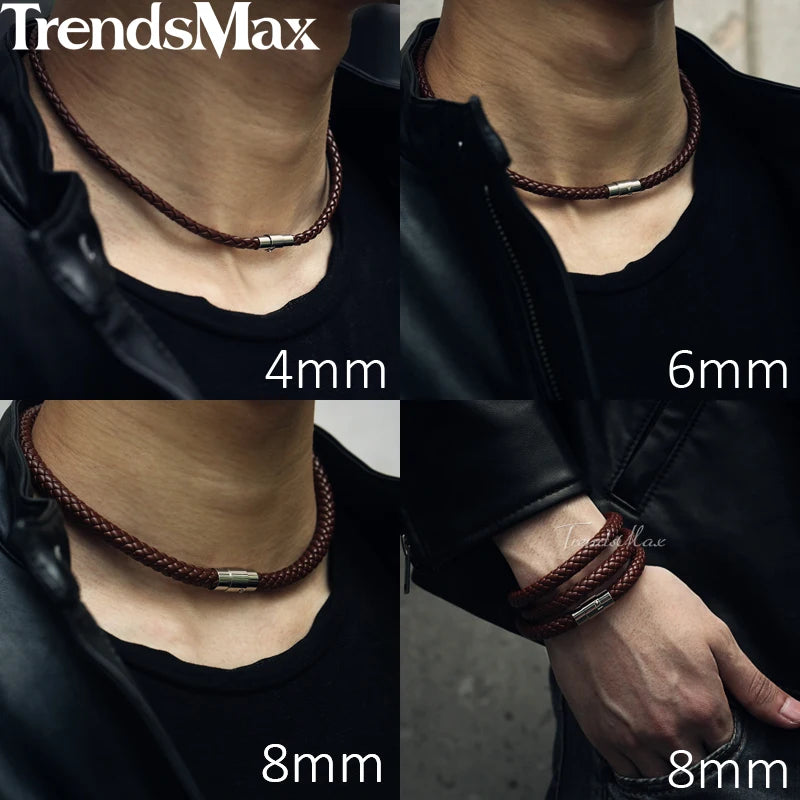 Man-made Leather Necklace Choker Black Brown Braided Rope Chain for Men Boy Male Jewelry Gifts collier homme Magnetic UNM27