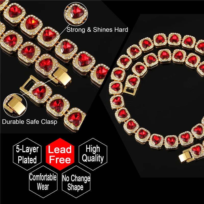 Hip Hop 13mm Iced Out Red Heart Love Rhinestone Tennis Chain Necklace Bracelet for Men Women Jewelry