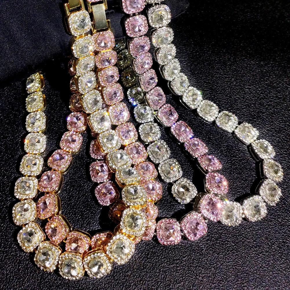 Women Bling Bling Pink Square Crystal Link Chain Necklace Hip Hop Gold Silver Color 13mm Luxury Cuban Choker Necklace Jewelry