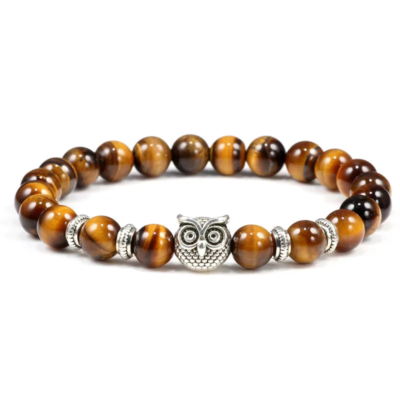 Black Lava Tiger Eye Weathered Stone Bracelets Bangles Classic Owl Beaded Natural Charm Bracelet for Women and Men Yoga Jewelry