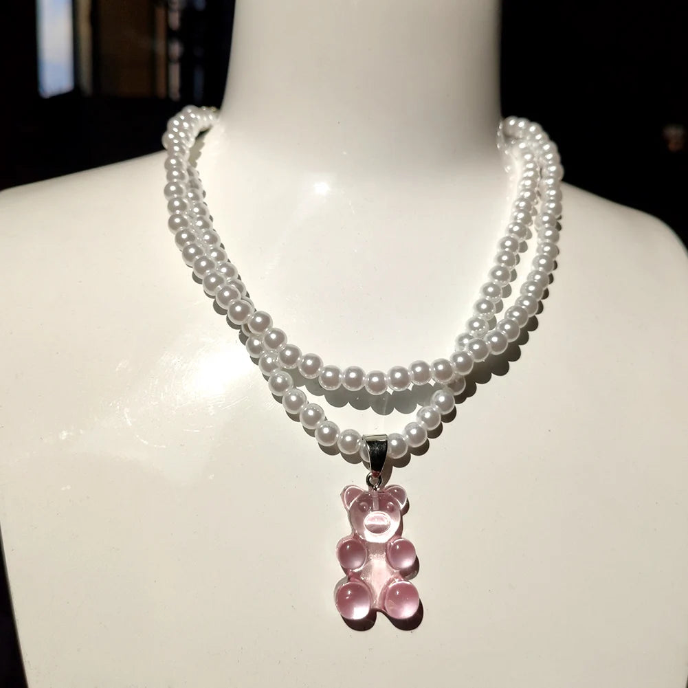 Creative New Transparent Candy Bear Pendant Beaded Necklace for Women Multilayer Imitation Pearls Beads Choker Necklaces Jewelry