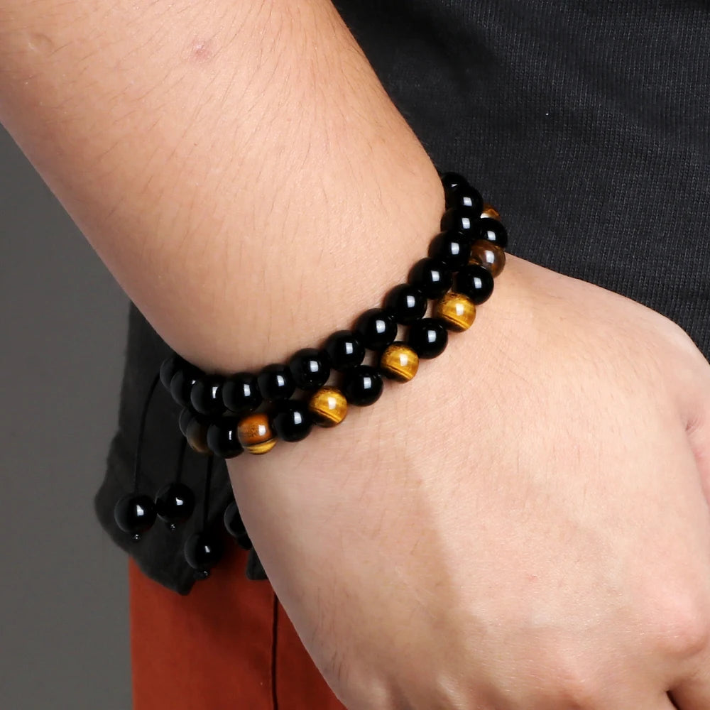Hot 2pcs/set Men Beaded Bracelets Tiger Eye Lava Natural Stone Onyx Beaded Couple Distance Bracelets For Women Jewelry Pulseras