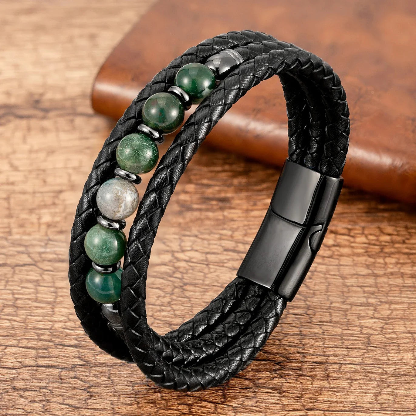 Natural Volcanic Stone Beaded Stone Bracelet, Fashion 3 Rows Handmade Leather Bracelet for Man Design Jewelry and Accessories