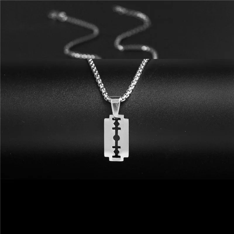 Kpop Safety Blade Razor Pendant Necklace for Men Long Chain Collar Hiphop Jewelry for Men Boys Geometric Dangling Party Gift