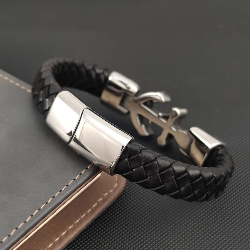 New Ship Anchor Bracelet for Men Hand Multi-Layers Black Leather with Magnetic Charm Bracelet Clasp Boyfriend Jewelry Gift