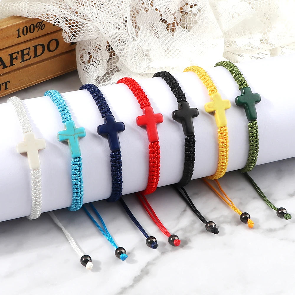 Natural Stone Crucifix Braided Bracelet Adjustable Rope Handmade Bracelets & Bangles Fashion Charm Cross Men Women Jewelry Gifts