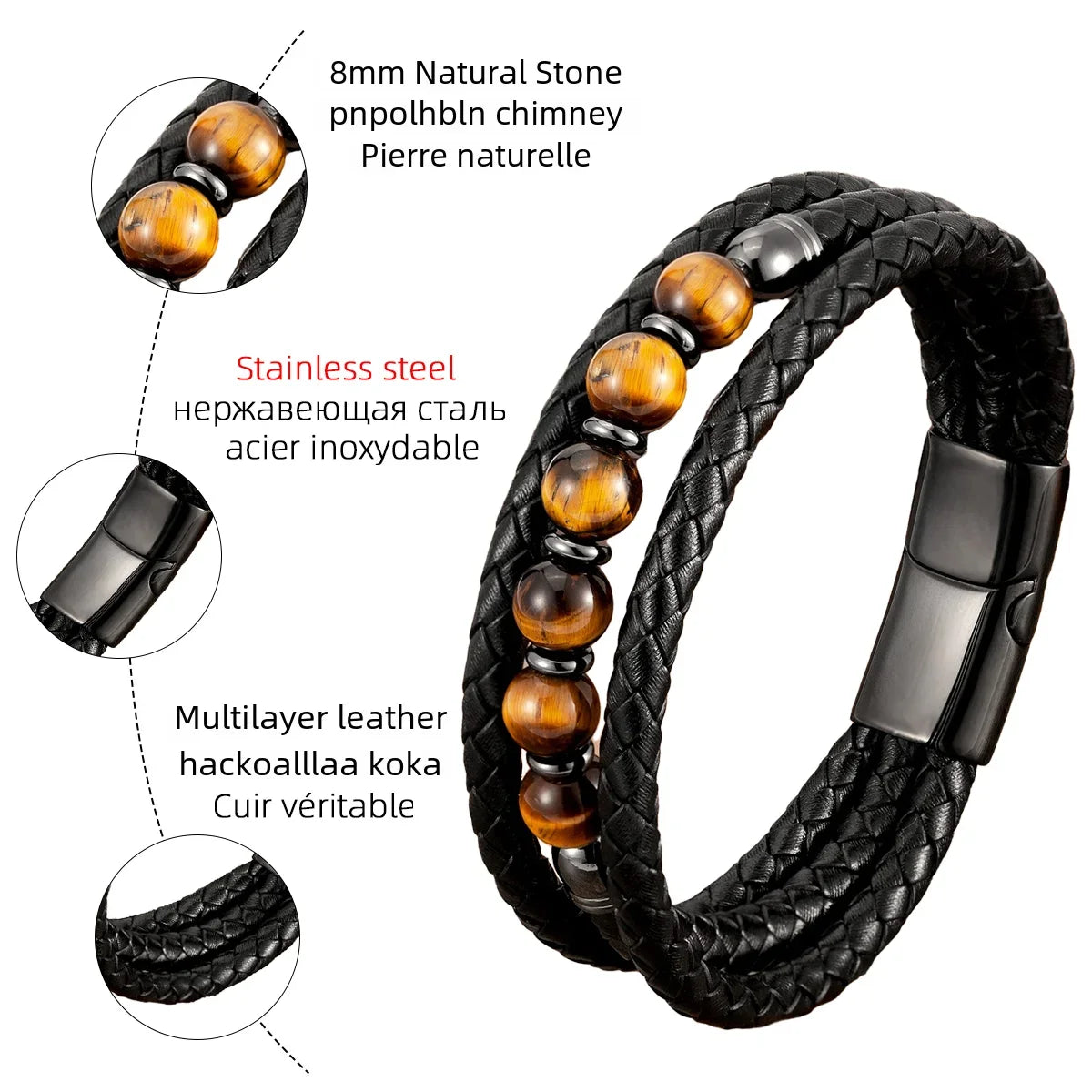 Natural Volcanic Stone Beaded Stone Bracelet, Fashion 3 Rows Handmade Leather Bracelet for Man Design Jewelry and Accessories