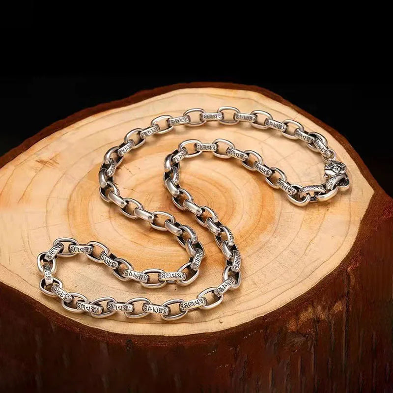 925 Sterling Silver Retro Six-Character Mantra Chain Necklace for Men, Fine Jewelry, Fashion Gift, High-end, 55cm, 60cm, 65cm