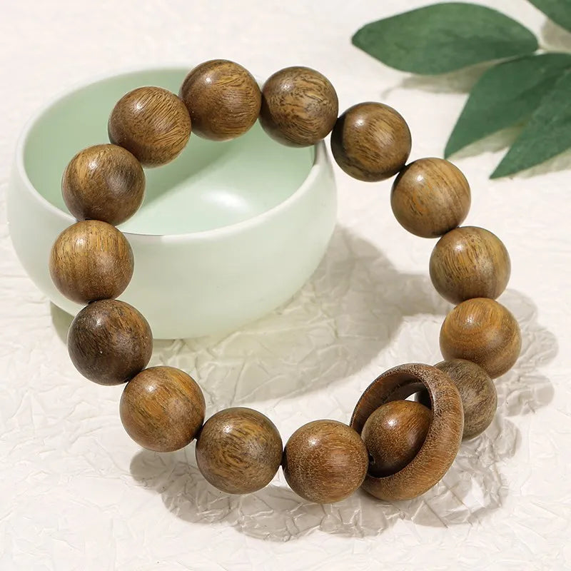 JD 15mm Natural Green Sandalwood Round Bead Bracelets With Ring Vintage Buddha Mala Meditation Prayer Bangles Wooden Jewelry