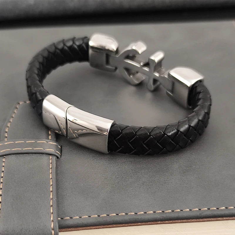 New Ship Anchor Bracelet for Men Hand Multi-Layers Black Leather with Magnetic Charm Bracelet Clasp Boyfriend Jewelry Gift
