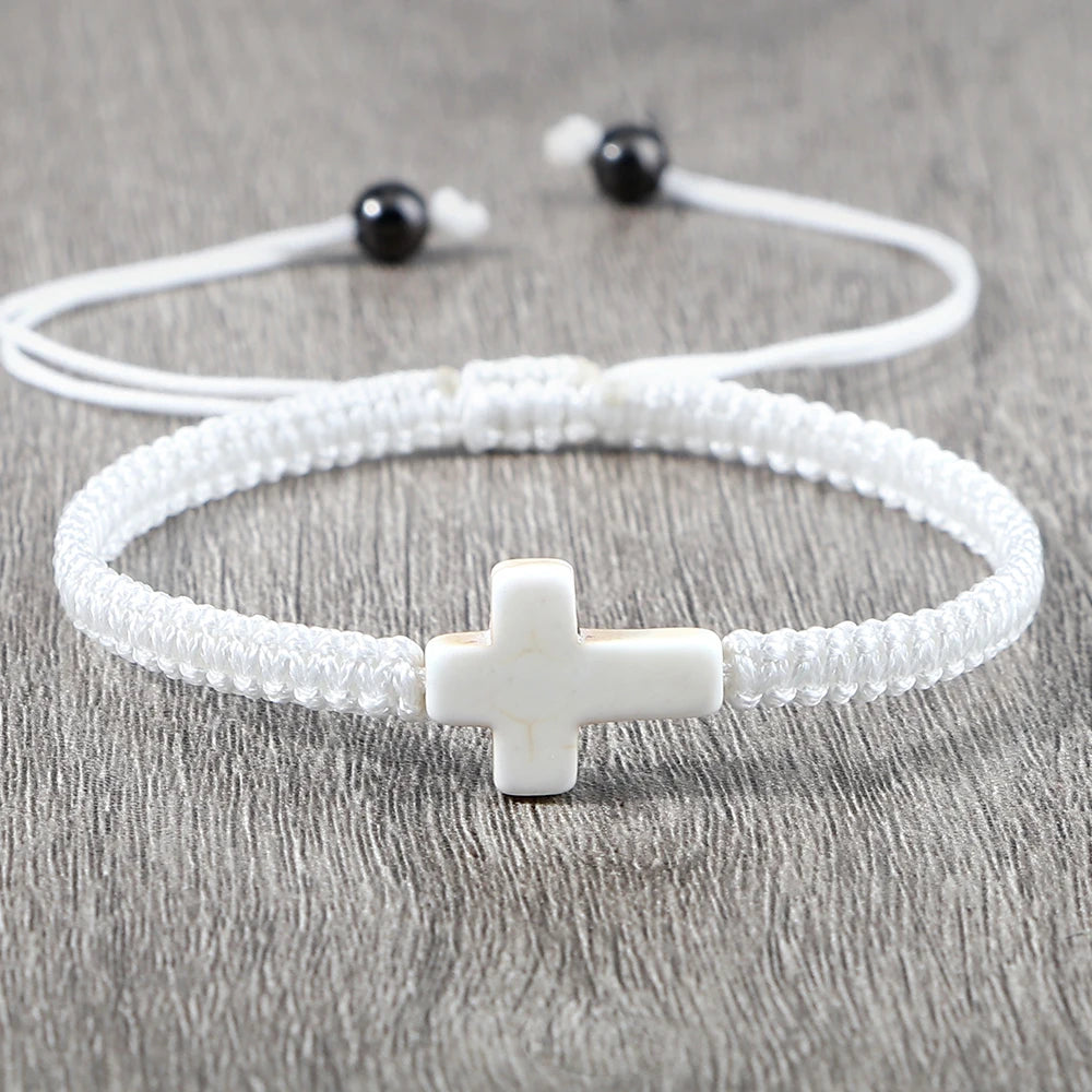 Natural Stone Crucifix Braided Bracelet Adjustable Rope Handmade Bracelets & Bangles Fashion Charm Cross Men Women Jewelry Gifts