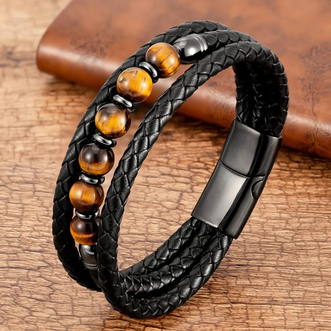 Natural Volcanic Stone Beaded Stone Bracelet, Fashion 3 Rows Handmade Leather Bracelet for Man Design Jewelry and Accessories