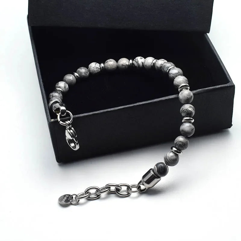 New Matte Map Stone Bracelet Metal Wrist Chain Jewelry Yellow Tiger Eye Volcanic Stone Beaded Bracelet Men Personality Jewelry