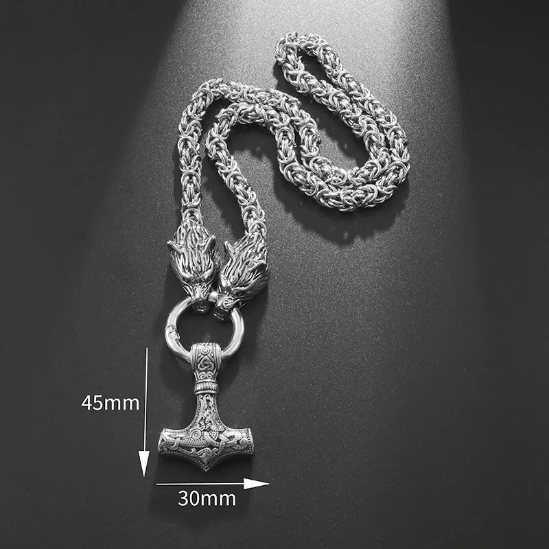 High Quality Vintage Nordic Necklace Double Wolf Head Thor's Hammer Pendant Necklace Men Stainless Steel Jewelry Gift