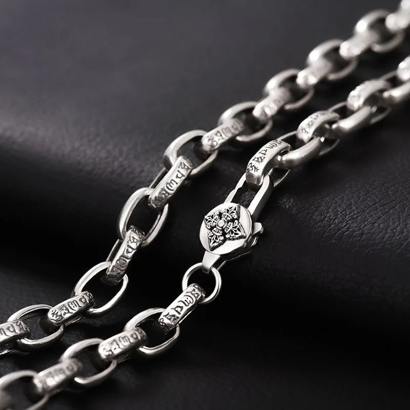 925 Sterling Silver Retro Six-Character Mantra Chain Necklace for Men, Fine Jewelry, Fashion Gift, High-end, 55cm, 60cm, 65cm