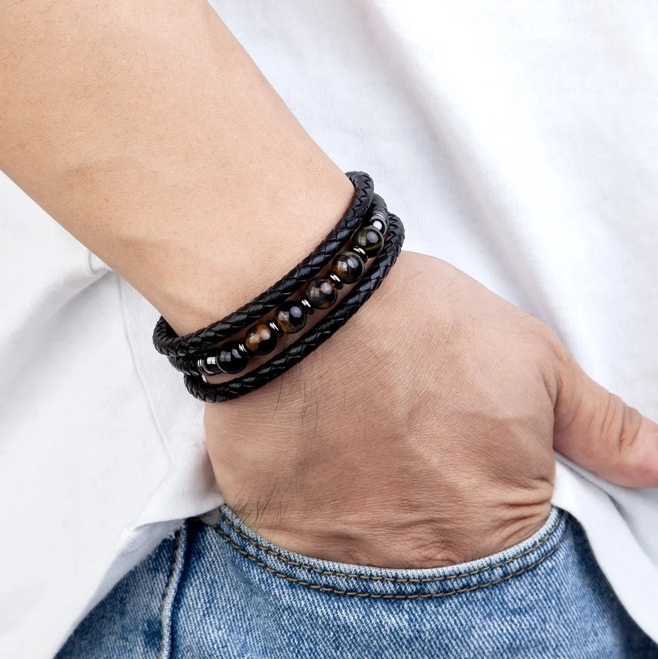 Natural Volcanic Stone Beaded Stone Bracelet, Fashion 3 Rows Handmade Leather Bracelet for Man Design Jewelry and Accessories