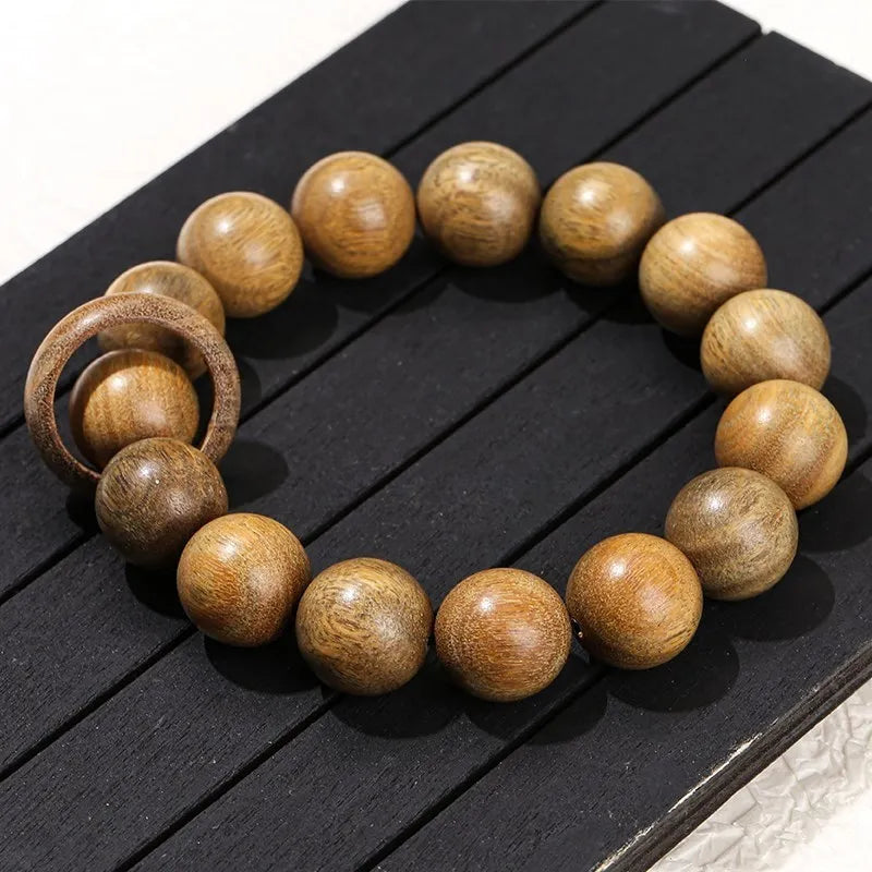JD 15mm Natural Green Sandalwood Round Bead Bracelets With Ring Vintage Buddha Mala Meditation Prayer Bangles Wooden Jewelry