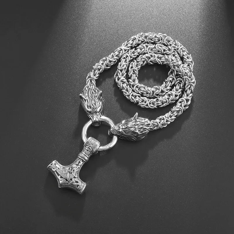 High Quality Vintage Nordic Necklace Double Wolf Head Thor's Hammer Pendant Necklace Men Stainless Steel Jewelry Gift