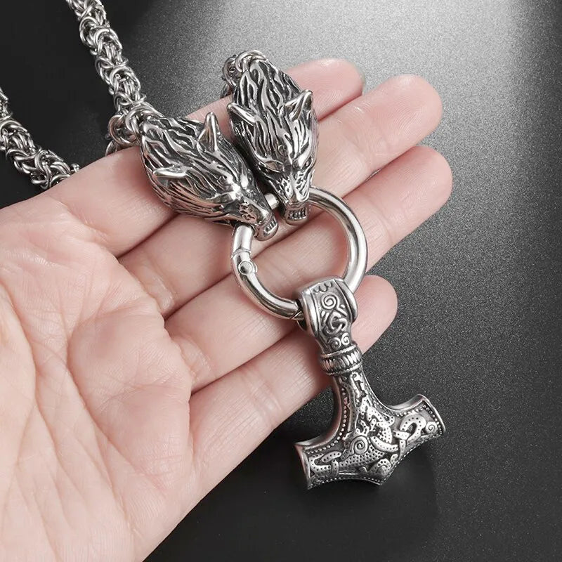 High Quality Vintage Nordic Necklace Double Wolf Head Thor's Hammer Pendant Necklace Men Stainless Steel Jewelry Gift