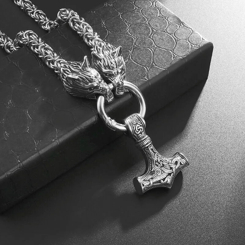 High Quality Vintage Nordic Necklace Double Wolf Head Thor's Hammer Pendant Necklace Men Stainless Steel Jewelry Gift