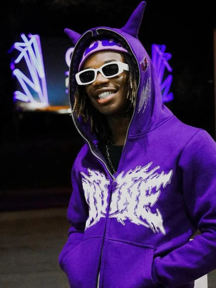 Aesthetic Y2K Streetwear Hoodie Women Men Rhinestone Skeleton Loose Sweatshirts Zip up Hoodie Goth Hoodies Jacket Hip-hop Grunge