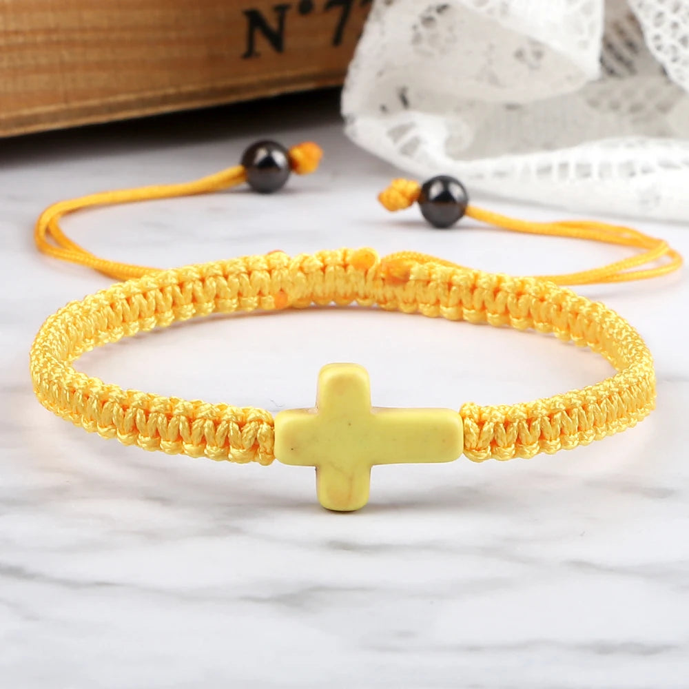Natural Stone Crucifix Braided Bracelet Adjustable Rope Handmade Bracelets & Bangles Fashion Charm Cross Men Women Jewelry Gifts