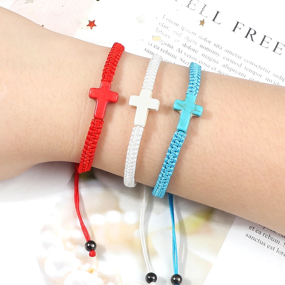 Natural Stone Crucifix Braided Bracelet Adjustable Rope Handmade Bracelets & Bangles Fashion Charm Cross Men Women Jewelry Gifts