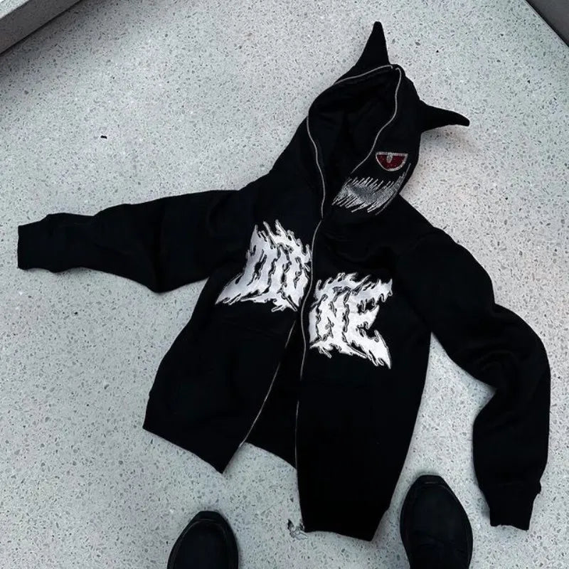 Aesthetic Y2K Streetwear Hoodie Women Men Rhinestone Skeleton Loose Sweatshirts Zip up Hoodie Goth Hoodies Jacket Hip-hop Grunge