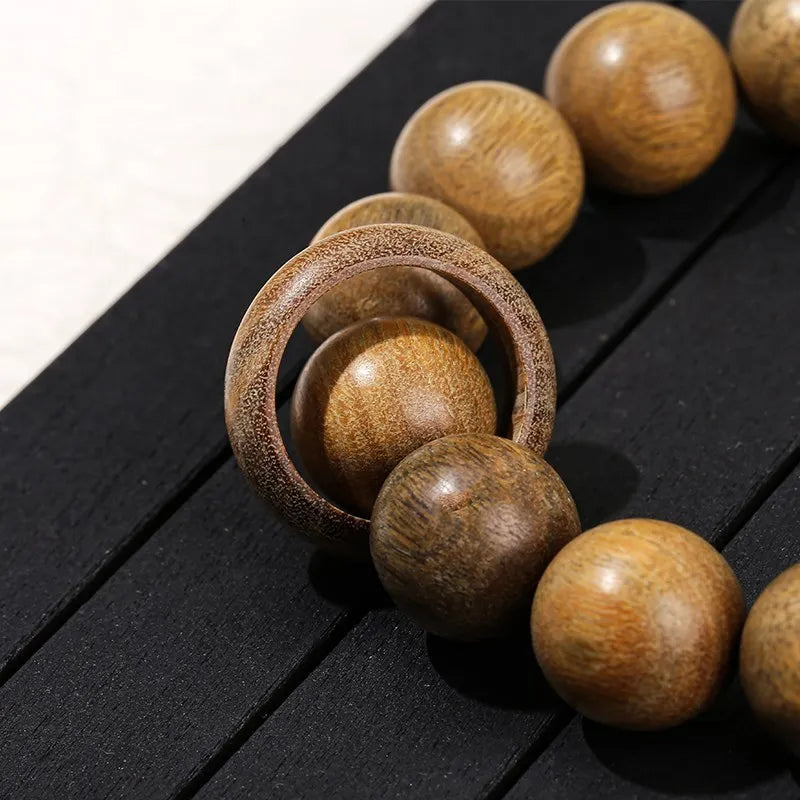 JD 15mm Natural Green Sandalwood Round Bead Bracelets With Ring Vintage Buddha Mala Meditation Prayer Bangles Wooden Jewelry