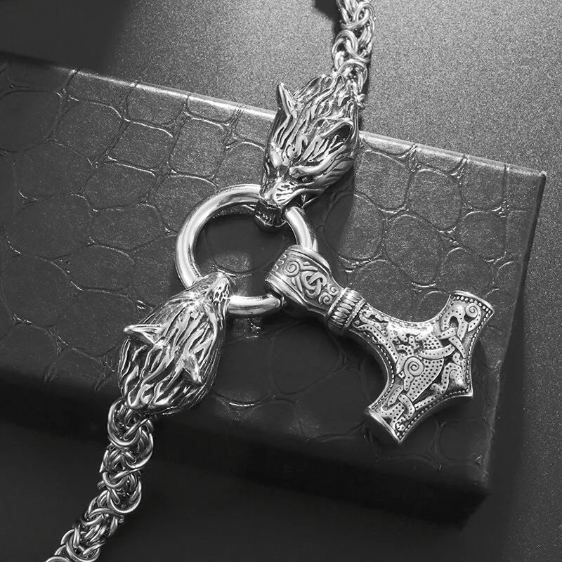 High Quality Vintage Nordic Necklace Double Wolf Head Thor's Hammer Pendant Necklace Men Stainless Steel Jewelry Gift