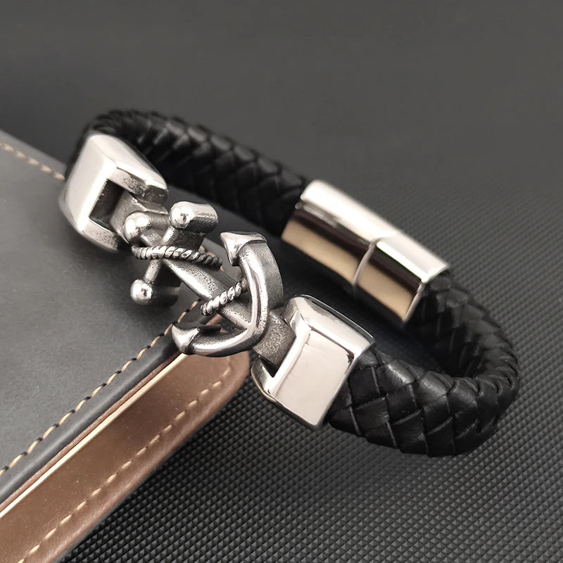 New Ship Anchor Bracelet for Men Hand Multi-Layers Black Leather with Magnetic Charm Bracelet Clasp Boyfriend Jewelry Gift