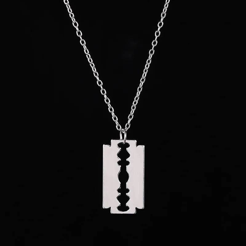Kpop Safety Blade Razor Pendant Necklace for Men Long Chain Collar Hiphop Jewelry for Men Boys Geometric Dangling Party Gift