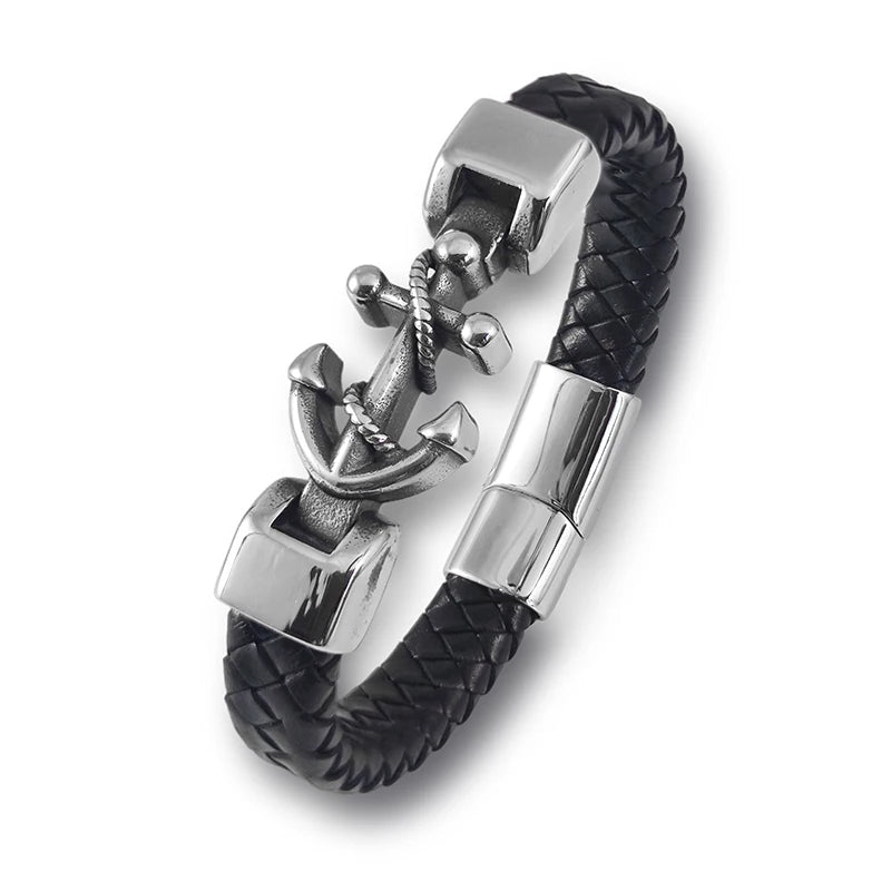 New Ship Anchor Bracelet for Men Hand Multi-Layers Black Leather with Magnetic Charm Bracelet Clasp Boyfriend Jewelry Gift