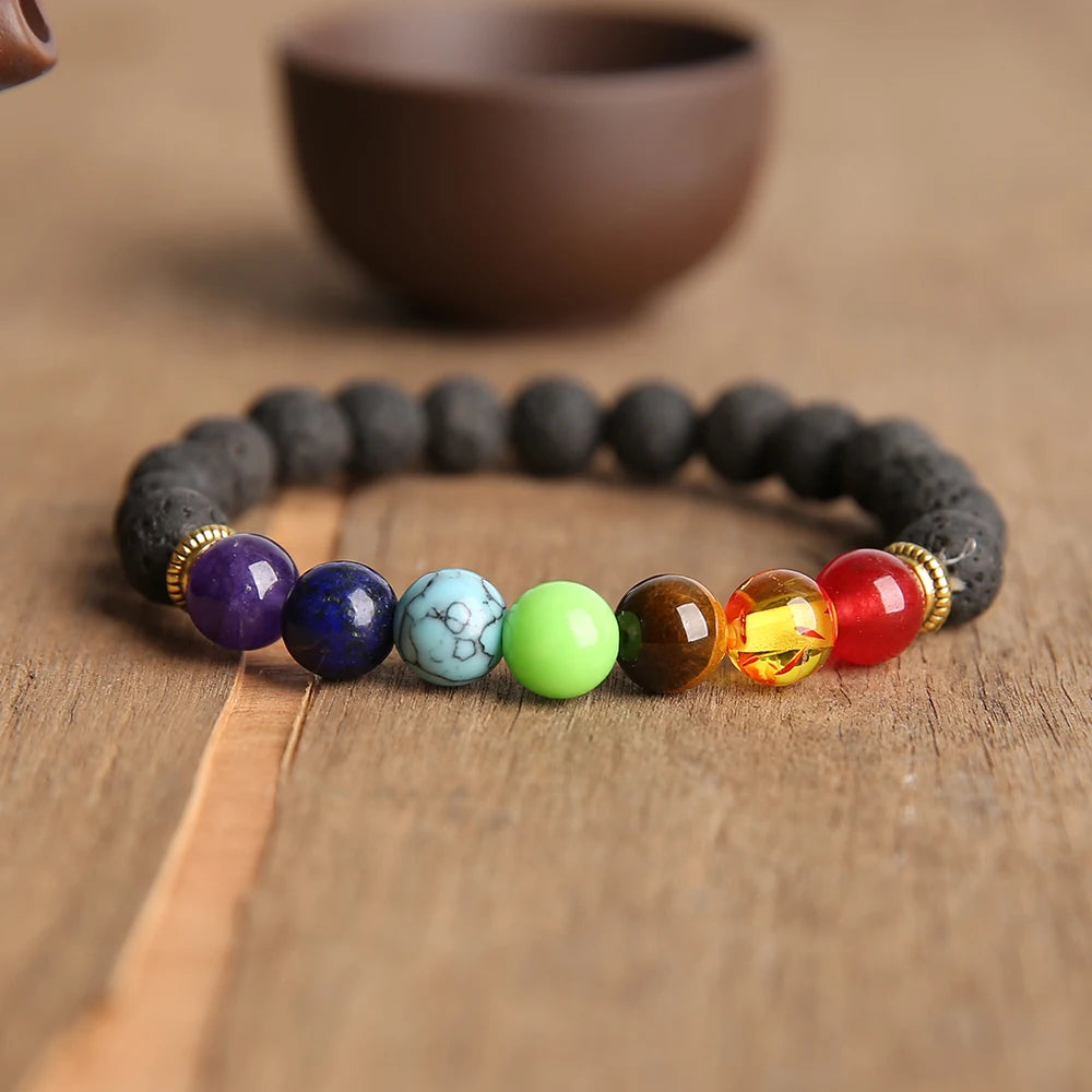 OAIITE Classic 7 Chakra Bead Bracelet Men Hematite Volcano Lava Pulse Therapy Balance Bracelet Yoga Meditation Jewelry Women