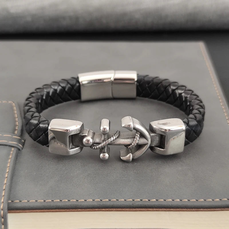 New Ship Anchor Bracelet for Men Hand Multi-Layers Black Leather with Magnetic Charm Bracelet Clasp Boyfriend Jewelry Gift