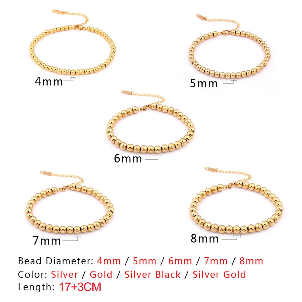 316L Stainless Steel Bracelets For Women Men 3/4/5/6/7/8mm Beads Bracelet Gold Silver Color Bead Chain Bracelets Jewelry